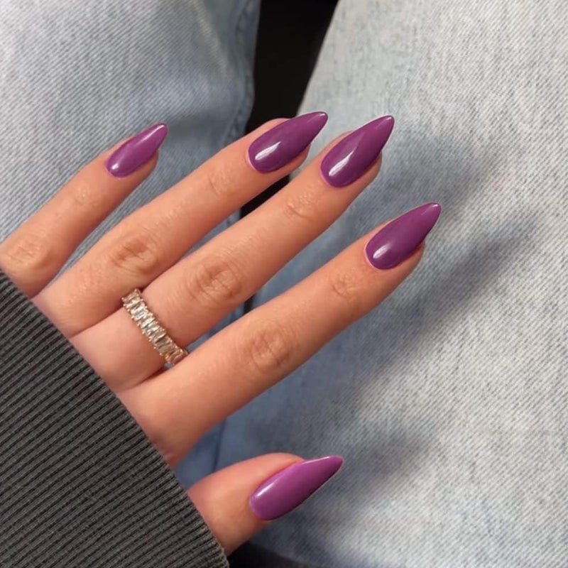 KQueenest 48 Pcs Almond Press on Nails Medium Length, Glossy Plum Purple Nails Press on, Solid Color Medium Fake Nails Acrylic Full Cover Stiletto Glue on Nails for Women Daily Wear - Image 1